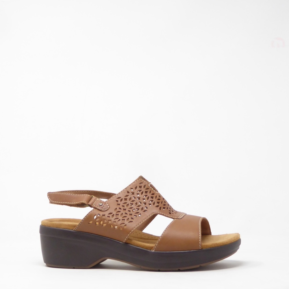 Clarks Women Tuleah Sun Sandals Brown Leather Laser Cut Wedge Slingback Size 11